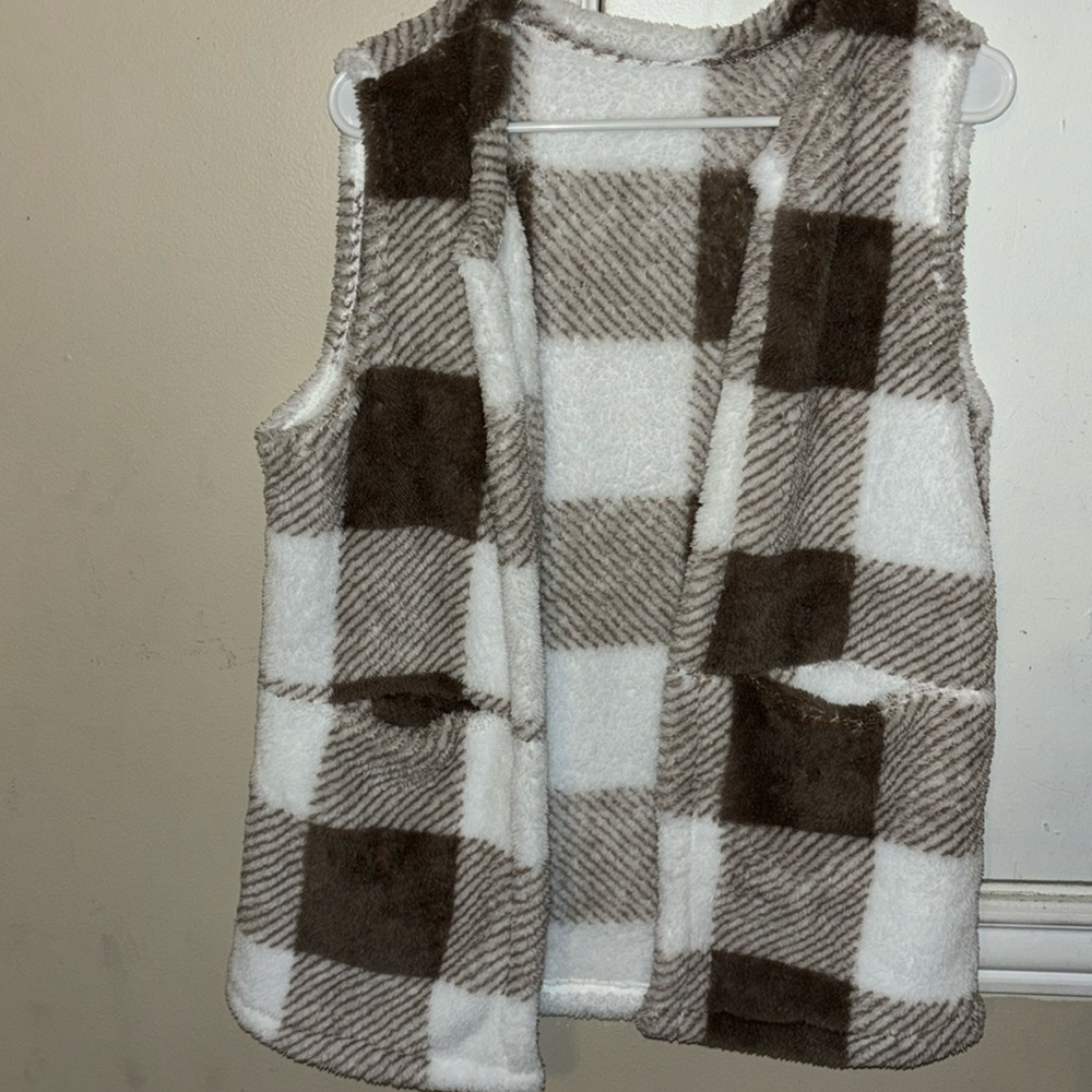 Plaid Open Front Teddy Vest, Casual Sleeveless Winter Vest With Pocket